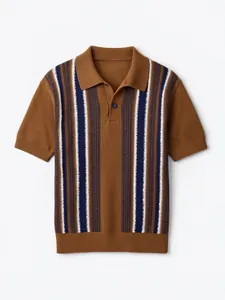 Polo de punto de manga corta para hombre en marrón con rayas verticales de colores