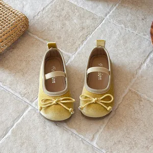 Gele fluwelen Mary Jane prinsessenschoenen voor meisjes met een strik en zachte zool
