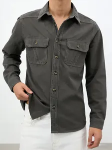 Men Cotton Denim Shirt Casual Long Sleeve Workwear Top Patchwork Double Pockets Solid Grey Fashion Shirt For Men Daily Wear