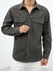 Men's trendy charcoal grey long-sleeved denim cotton shirt with double chest pockets.