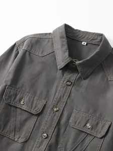 Classic men's dark grey cotton denim shirt featuring double chest pockets and collar detail