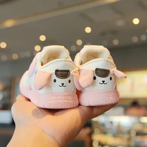 Cute pink bunny cartoon baby walking shoes with breathable mesh and soft anti-slip rubber soles