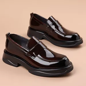 Mocasines de Cuero Genuino para Hombre Estilo Británico Charol Brillante Suela Gruesa Zapatos Slip-On Negocios Casual Zapatos de Vestir Plataforma