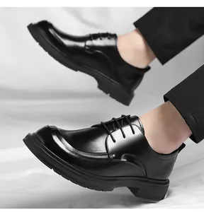 Macro view of men's black business formal leather shoes with stylish lace-up design