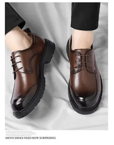 Premium brown leather lace-up business dress shoes for men with thick sole detail