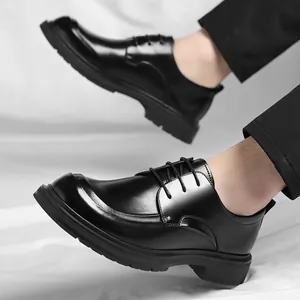 Classic black leather business dress shoes for men with lace-up style and thick soles