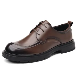 Classic brown leather business dress shoes for men with lace-up design and thick sole