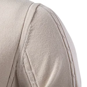 Detailed texture of men's beige cable knit polo shirt with ice silk fabric