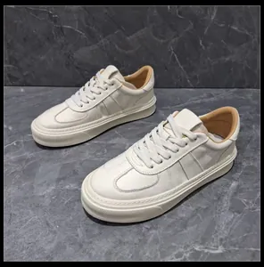 Classic white genuine leather men's sneakers with thick sole and retro lace-up design