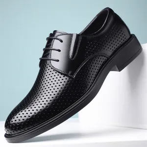 Chaussures en Cuir Men Business Casual Respirantes Perforées Chaussures Derby Formelles Pour Mariage Bureau Été Noir Chaussures Bureau