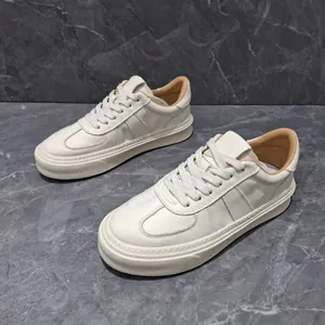 Premium cream genuine leather thick sole sneakers for men in a vintage style
