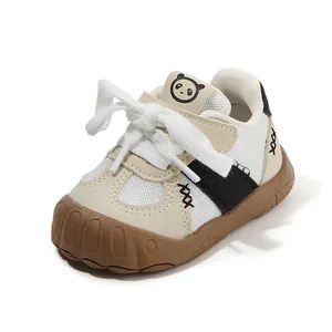 Breathable baby walking shoes with an anti-slip soft sole and cute panda design.