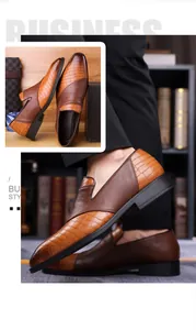 Detailopname van bruine zakelijke leren herenschoenen met een krokodillentextuur.