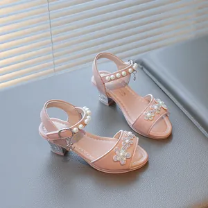 Elegant pink girl's princess sandals with pearl strap and sparkling rhinestone flowers