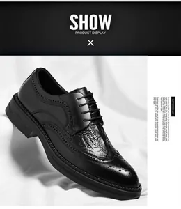 Detailed view of black men's Brogue shoes with crocodile pattern and elegant stitching