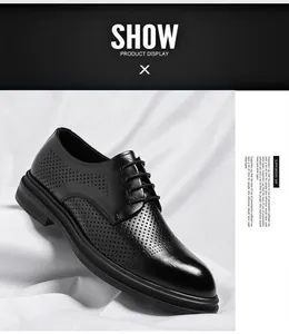Detailed view of breathable black men's hollowed-out leather business dress shoes