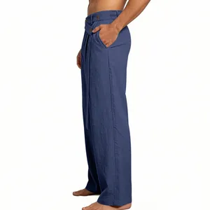 Seitenansicht einer blauen Leinenhose mit weitem Bein und asymmetrischer Taille für Herren