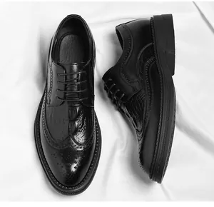 Detail shot of black men's Brogue shoes with crocodile pattern and wingtip carving.