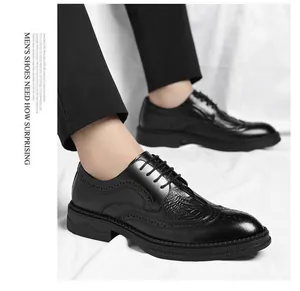 Close-up detail of black men's Brogue shoes with crocodile texture and thick soles