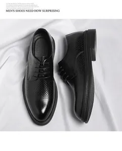 Close-up detail of black breathable hollowed-out men's business dress leather shoes