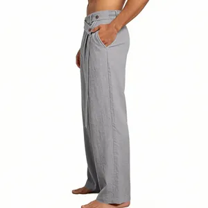 Seitenansicht graue Leinenhose mit weitem Bein und asymmetrischem Knopf für Herren