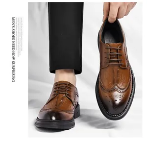 Detailed view of men's brown brogue shoes featuring crocodile texture and thick soles