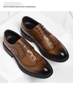 Men's brown Brogue dress shoes with crocodile texture and thick soles