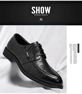 Detailed side view of black men's business dress shoes with breathable hollow design