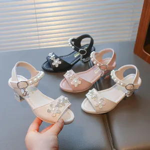 Elegant girls rhinestone flower sandals in white pink and black high heel princess style shoes