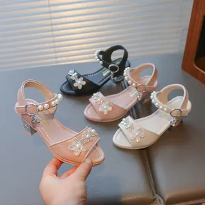 Girls elegant rhinestone flower sandals with pearl ankle straps and chunky heels