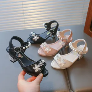 Elegant girls rhinestone flower princess high heel sandals in three colors for summer