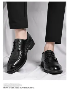 Detail view of men's black perforated formal leather shoes with textured finish.