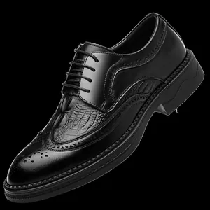 Black men's business dress shoes with crocodile texture and brogue detailing