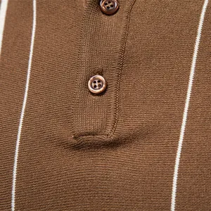 Men's brown knitted striped Polo shirt close-up showing button detail and texture