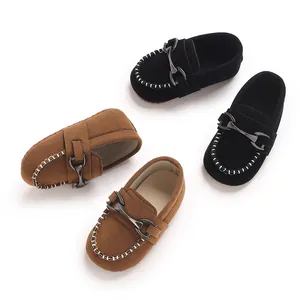 Infant suede moccasins with metal buckle in brown and black for babies 0-1 year old