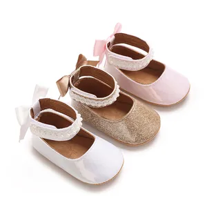 Chaussures pailletées pour bébés filles avec brides perlées et nœuds, semelles souples