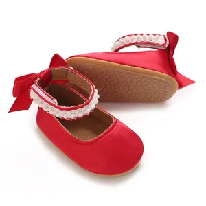 Rote Baby-Prinzessinenschuhe mit Perlenspitze und Schleife, rutschfeste weiche Sohle