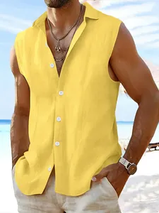 Detailed close-up view of a vibrant yellow sleeveless cotton linen casual beach shirt for men