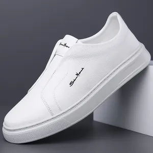 Men's breathable white slip-on leather shoes with soft non-slip sole in modern design