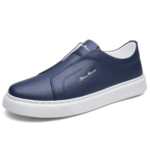 Stylish navy blue leather slip-on loafers for men with breathable soft thick white soles