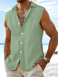 Close-up detail of light green sleeveless cotton linen men's button-up beach shirt