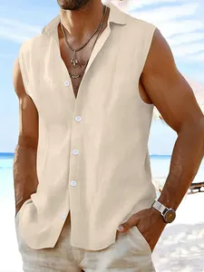 Men's stylish sleeveless cotton linen beach shirt featuring a loose fit and lapel collar
