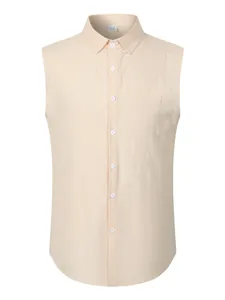 Detailed front view of men's sleeveless cotton-linen lapel shirt in beige