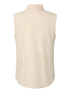Back view of men's beige sleeveless cotton linen shirt featuring a classic lapel collar.