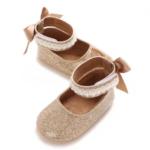 Élégantes chaussures dorées à paillettes pour bébé fille avec dentelle et perles