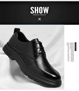 Close-up of black business derby shoes with laser-cut hollow pattern for breathability.