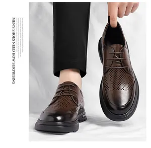 Breathable brown perforated men's leather derby shoes for business casual summer wear