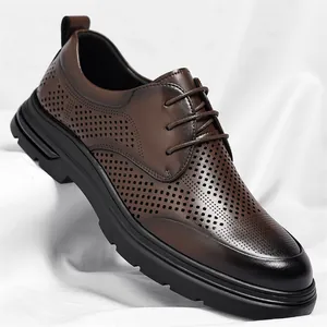 Men's Business Casual Hollow Breathable Dress Shoes British Style Recycled Leather Lace-up Derby Shoes Non-slip Rubber Sole For Summer Work Daily