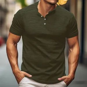 Close-up detail of an olive green men's Henley shirt featuring slub cotton texture.