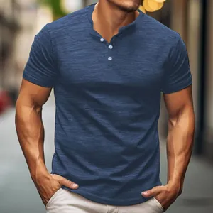 Detailed macro view of men's blue slub cotton Henley T-shirt with three-button placket